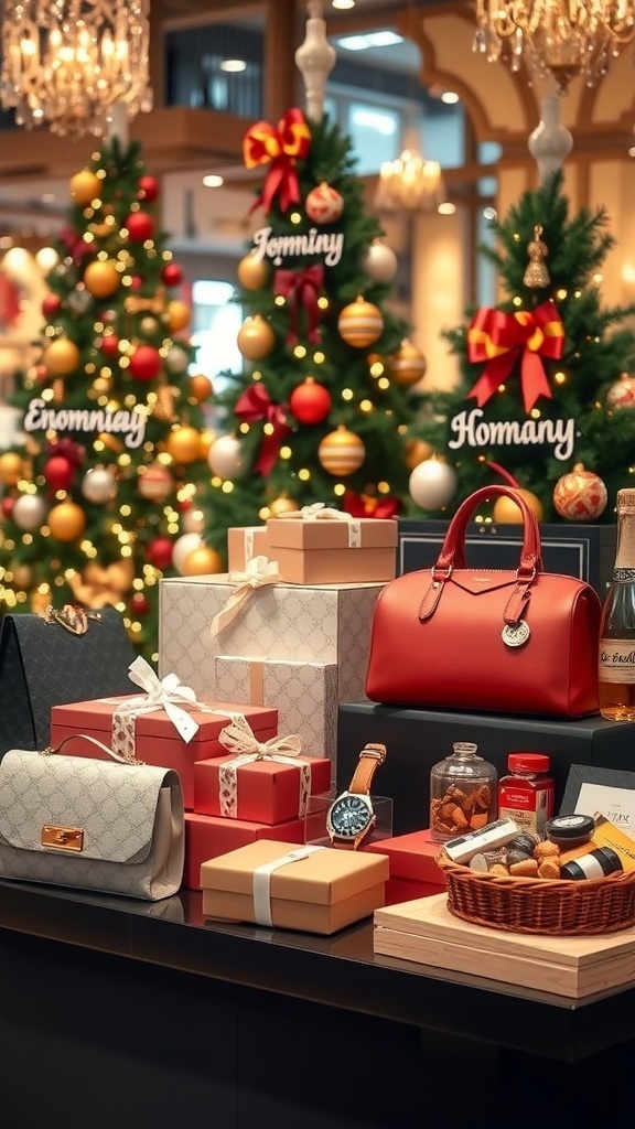 Luxury Christmas gifts including designer items and gourmet baskets displayed with holiday decorations.
